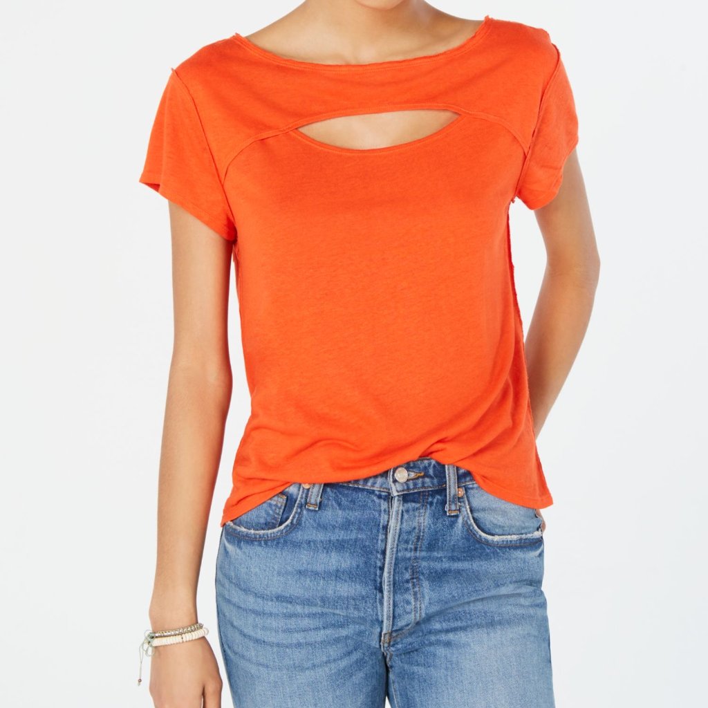 Nwt Free People Red Cut Out Short Sleeve Crewneck Top